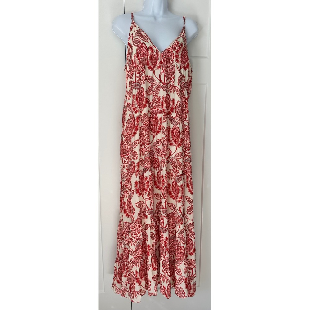 Parker Aida Red Cream Floral Paisley Tiered Maxi Dress V-Neck Boho XXL